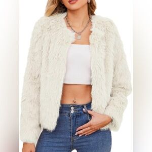 Off White Cream Beige Cropped Faux Fur Jacket Soft Winter Coat NEW